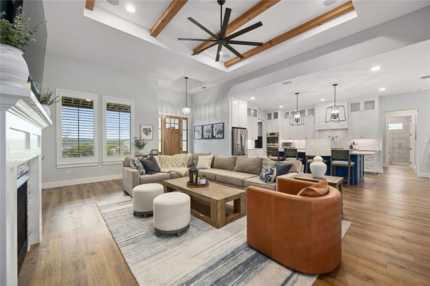 Fireplace, Interior, Kitchen, Living room, Pendant Lights, Recessed Lighting, Stainless Steel Appliances, Wooden Beams, Wood Texture Flooring