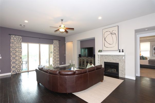 Fireplace, Interior, Living room, Recessed Lighting, Wood Texture Flooring