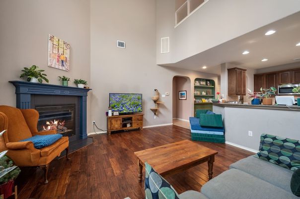 Fireplace, Interior, Kitchen, Living room, Recessed Lighting, Wood Texture Flooring