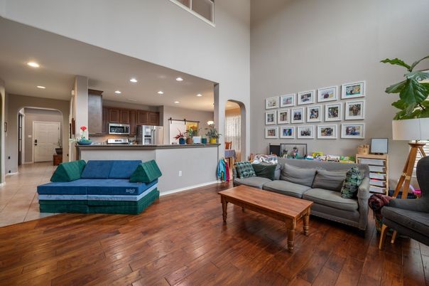 Interior, Kitchen, Living room, Recessed Lighting, Stainless Steel Appliances, Wood Texture Flooring