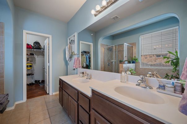 Bathroom, Dual Sink Vanities, Glass Shower, Interior, Wood Texture Flooring