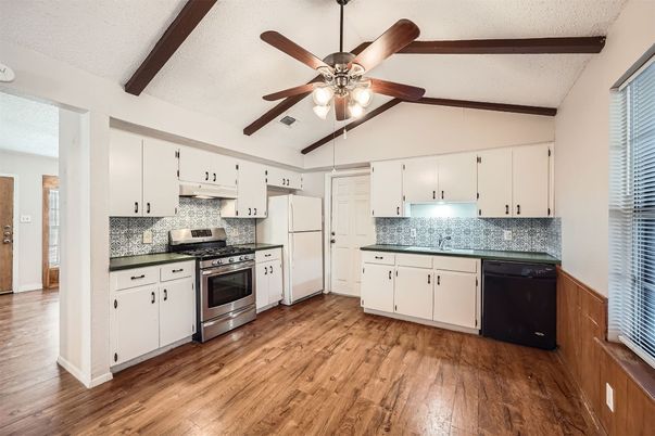 Interior, Kitchen, Stainless Steel Appliances, Wooden Beams, Wood Texture Flooring