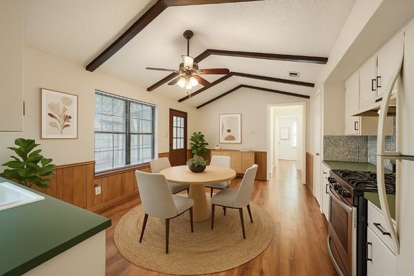 Dining room, Interior, Kitchen, Wooden Beams, Wood Texture Flooring