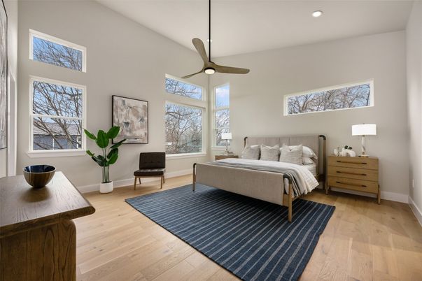 Bedroom, Interior, Recessed Lighting, Wood Texture Flooring