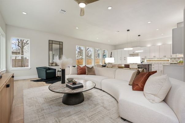 Interior, Kitchen, Living room, Pendant Lights, Recessed Lighting, Wood Texture Flooring