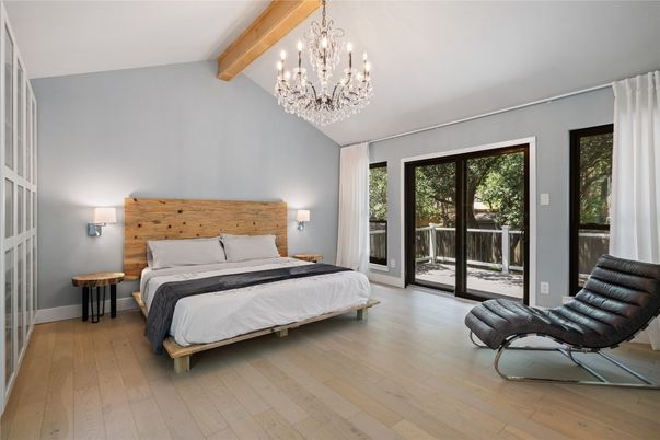 Bedroom, Chandelier, Interior, Wooden Beams, Wood Texture Flooring