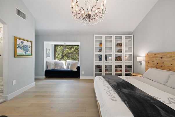 Bedroom, Chandelier, Interior, Wood Texture Flooring