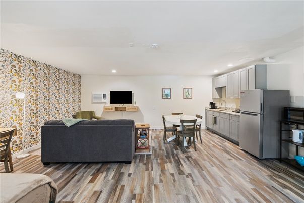 Dining room, Interior, Kitchen, Living room, Recessed Lighting, Wood Texture Flooring