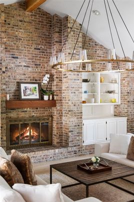 Fireplace, Interior, Living room, Pendant Lights, Recessed Lighting, Stone Walls