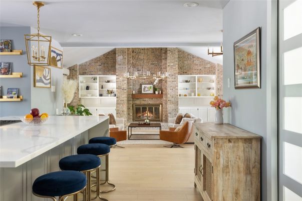 Fireplace, Interior, Living room, Pendant Lights, Recessed Lighting, Stone Walls, Wood Texture Flooring