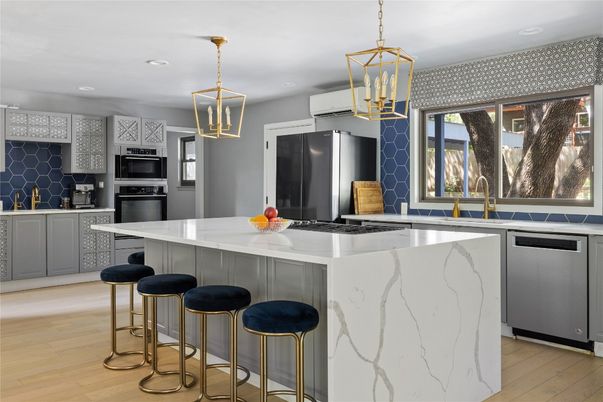 Interior, Kitchen, Pendant Lights, Recessed Lighting, Stainless Steel Appliances, Wood Texture Flooring