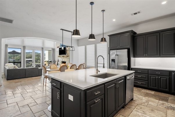 Fireplace, Interior, Kitchen, Living room, Pendant Lights, Recessed Lighting, Stainless Steel Appliances