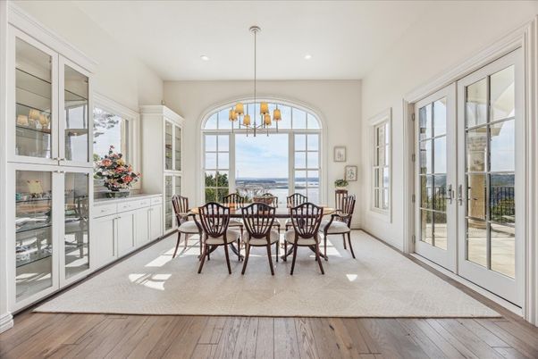 Chandelier, Dining room, Interior, Pendant Lights, Recessed Lighting, Wood Texture Flooring