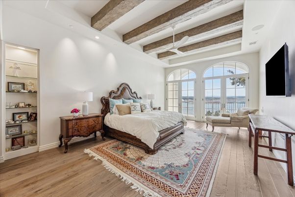 Bedroom, Interior, Recessed Lighting, Water, Wooden Beams, Wood Texture Flooring