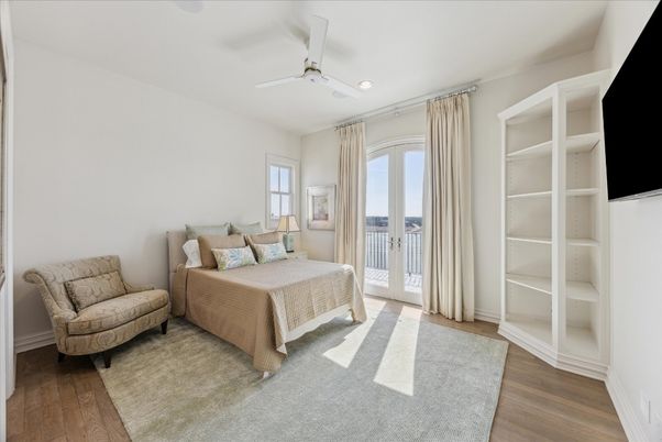 Bedroom, Interior, Recessed Lighting, Water, Wood Texture Flooring