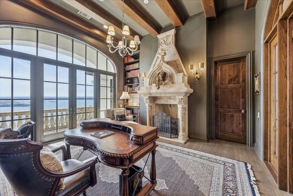 Chandelier, Fireplace, Interior, Water, Wooden Beams, Wood Texture Flooring