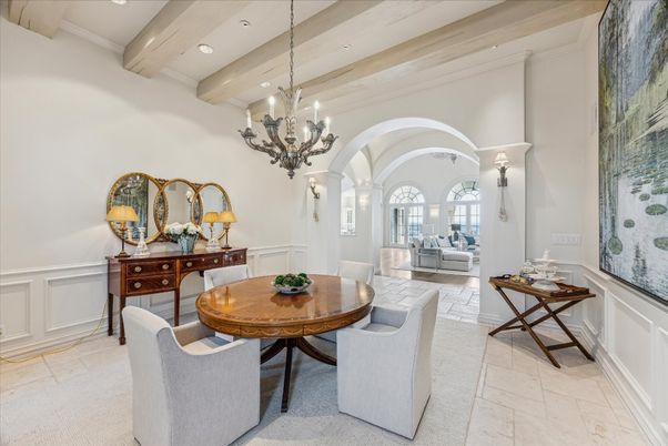 Chandelier, Dining room, Interior, Living room, Recessed Lighting, Wooden Beams