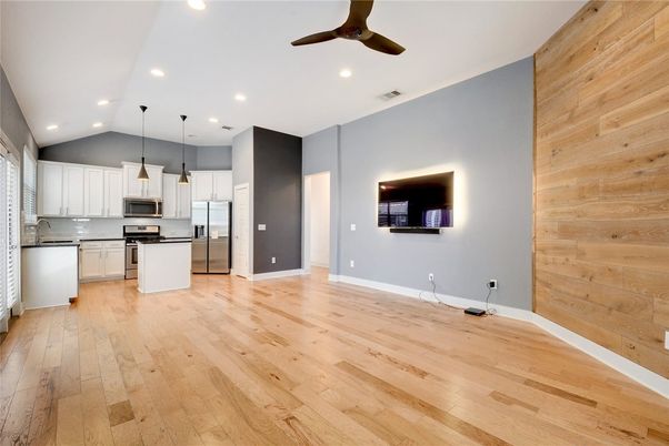 Interior, Kitchen, Pendant Lights, Recessed Lighting, Stainless Steel Appliances, Wood Texture Flooring