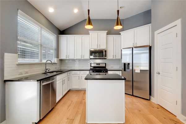 Interior, Kitchen, Pendant Lights, Recessed Lighting, Stainless Steel Appliances, Wood Texture Flooring