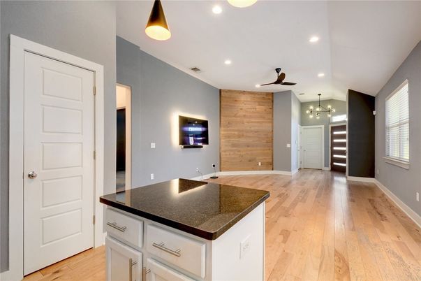 Empty room, Interior, Kitchen, Pendant Lights, Recessed Lighting, Wood Texture Flooring, Wooden Walls