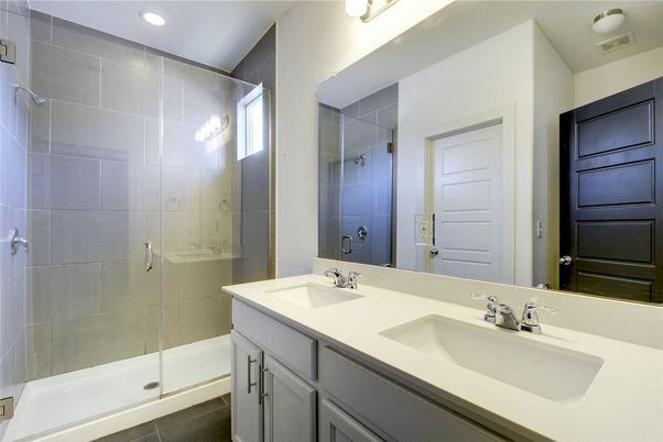 Bathroom, Dual Sink Vanities, Glass Shower, Interior, Recessed Lighting
