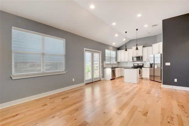 Interior, Kitchen, Pendant Lights, Recessed Lighting, Stainless Steel Appliances, Wood Texture Flooring