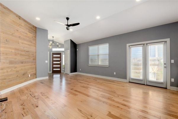 Empty room, Interior, Pendant Lights, Recessed Lighting, Wood Texture Flooring, Wooden Walls