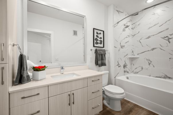Bathroom, Interior, Marble Walls, Recessed Lighting, Wood Texture Flooring