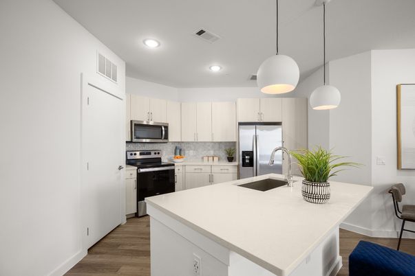Interior, Kitchen, Pendant Lights, Recessed Lighting, Stainless Steel Appliances, Wood Texture Flooring