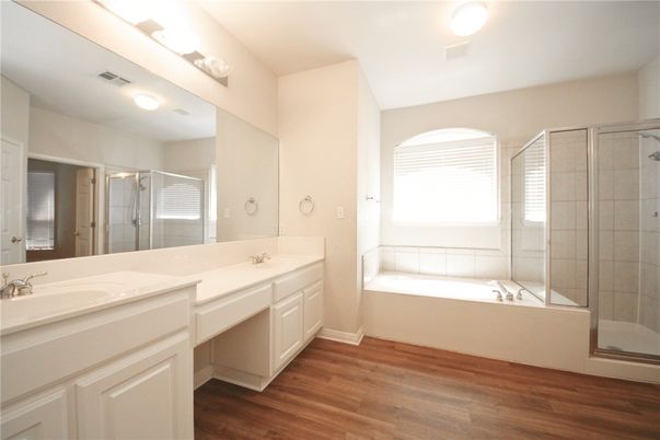 Bathroom, Dual Sink Vanities, Glass Shower, Interior, Wood Texture Flooring