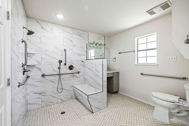 Bathroom, Glass Shower, Interior, Marble Walls, Recessed Lighting