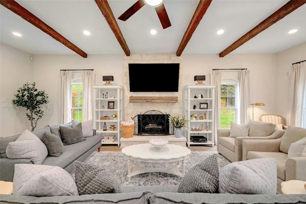 Fireplace, Interior, Living room, Recessed Lighting, Wooden Beams