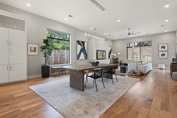 Dining room, Interior, Living room, Pendant Lights, Recessed Lighting, Wood Texture Flooring