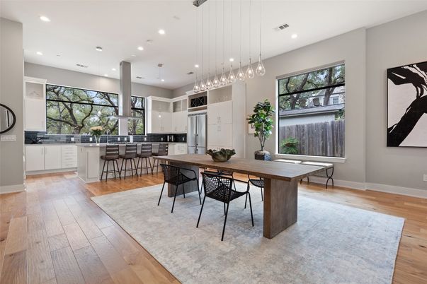Dining room, Interior, Kitchen, Pendant Lights, Recessed Lighting, Wood Texture Flooring