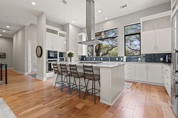 Interior, Kitchen, Pendant Lights, Recessed Lighting, Stainless Steel Appliances, Wood Texture Flooring