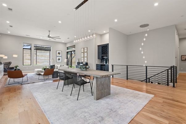 Dining room, Interior, Living room, Pendant Lights, Recessed Lighting, Wood Texture Flooring