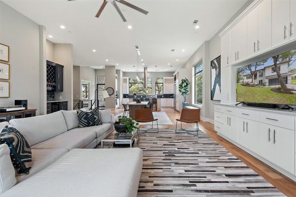 Dining room, Interior, Living room, Pendant Lights, Recessed Lighting, Wood Texture Flooring