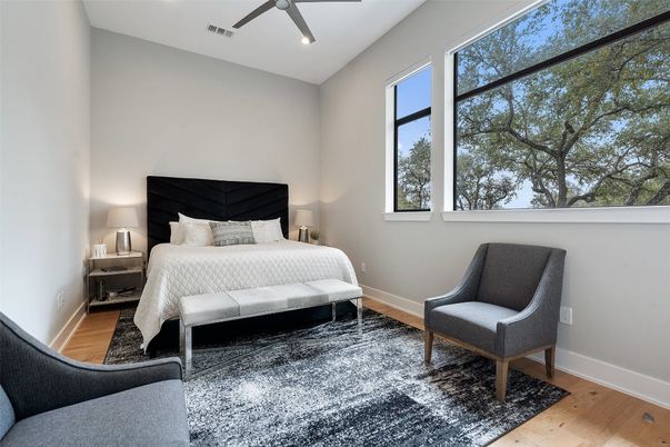 Bedroom, Interior, Recessed Lighting, Wood Texture Flooring