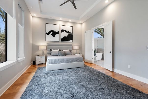 Bedroom, Interior, Recessed Lighting, Wood Texture Flooring