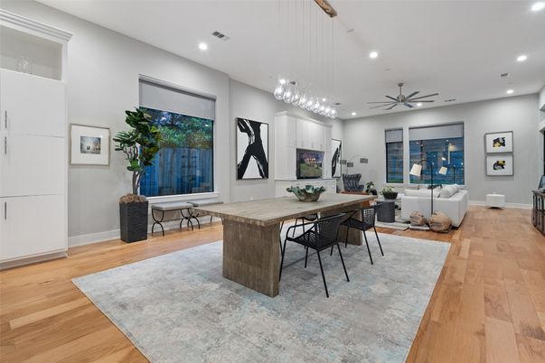 Dining room, Interior, Living room, Pendant Lights, Recessed Lighting, Wood Texture Flooring