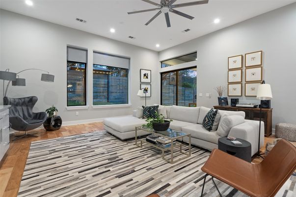 Interior, Living room, Recessed Lighting, Wood Texture Flooring
