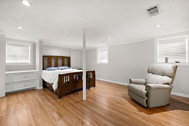 Bedroom, Interior, Recessed Lighting, Wood Texture Flooring