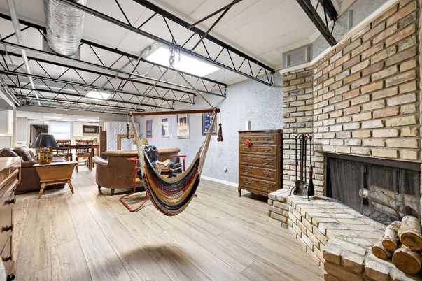 Dining room, Fireplace, Interior, Living room, Stone Walls, Wood Texture Flooring
