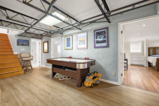 Billiard Table, Game Room, Interior, Recessed Lighting, Wood Texture Flooring