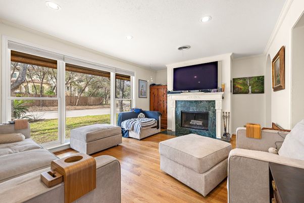 Fireplace, Interior, Living room, Recessed Lighting, Wood Texture Flooring