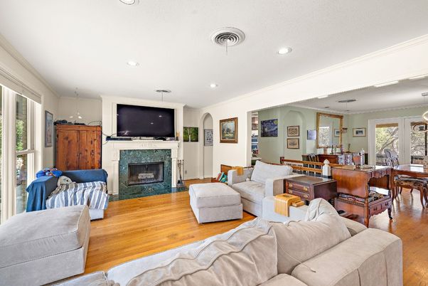 Dining room, Fireplace, Interior, Living room, Pendant Lights, Recessed Lighting, Wood Texture Flooring