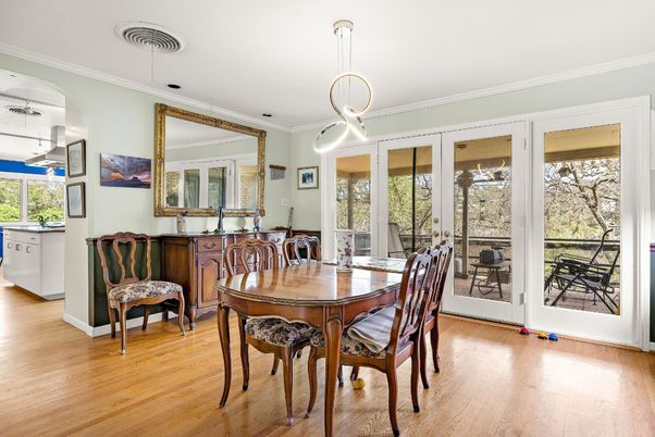 Dining room, Interior, Pendant Lights, Wood Texture Flooring