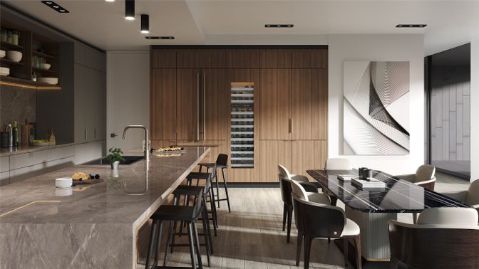 Dining room, Interior, Kitchen, Recessed Lighting, Wood Texture Flooring