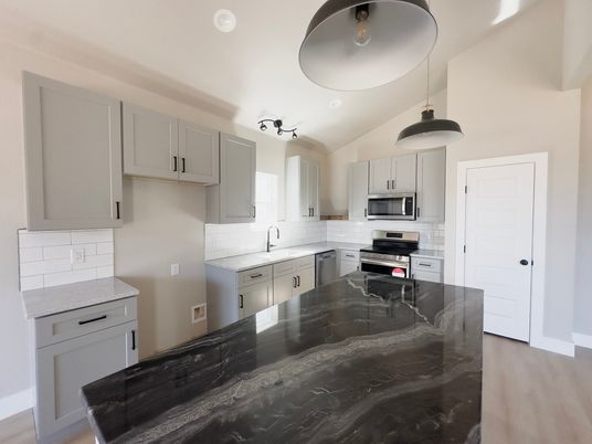 Interior, Kitchen, Pendant Lights, Stainless Steel Appliances, Wood Texture Flooring