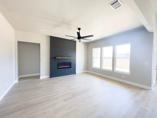 Empty room, Fireplace, Interior, Recessed Lighting, Wood Texture Flooring